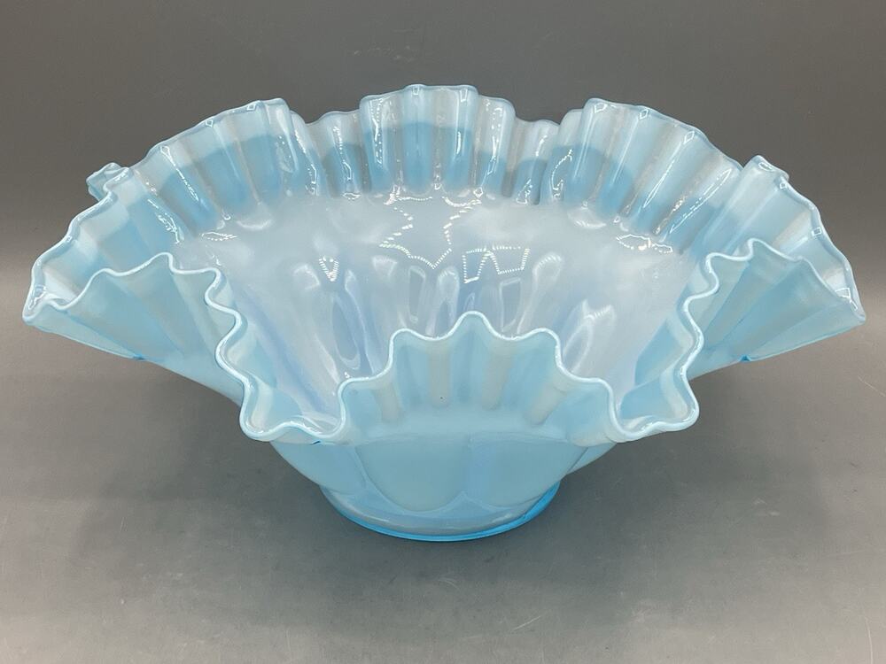 Vintage Fenton Blue Opalescent 9.5" Ruffled Bowl Wide Rib Crimped Pre-1970